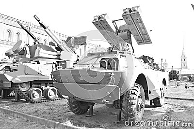 Launcher 9P31 with four rockets 9M31 of missile complex 9K31 Strela-1 in Military Artillery Museum. Editorial Stock Photo