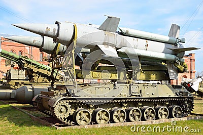 Launcher 2P24 with two rockets 3M8 of missile complex 9K11 Krug in Military Artillery Museum. Editorial Stock Photo