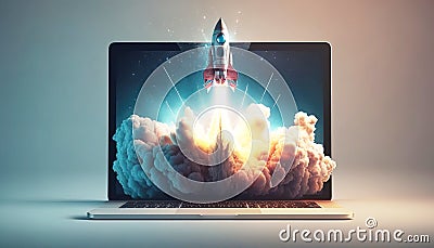 Launching business concept. space rocket fast laptop screen computer. Ai generate Stock Photo