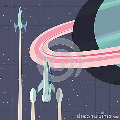 launching rocket spaceships Cartoon Illustration