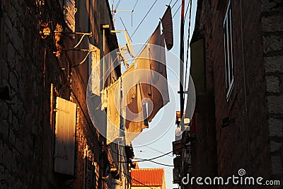 Laundered clothes drying outside, Trogir, Croatia Stock Photo