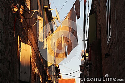 Laundered clothes drying outside, Trogir, Croatia Stock Photo