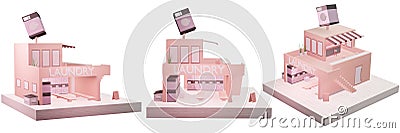 Laundromat, coin-operated washing machine Laundry service cartoon model set included 3d illustration isolated on a white Cartoon Illustration