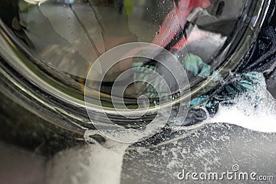 Laundromat Washing Machine: Artistic Snapshot and selected focus Stock Photo