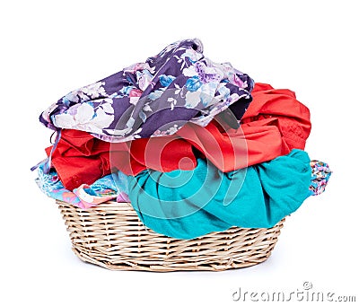 Laundry Basket Of Clothes/ Horizontal Shot Isolated On White Background Stock Photo