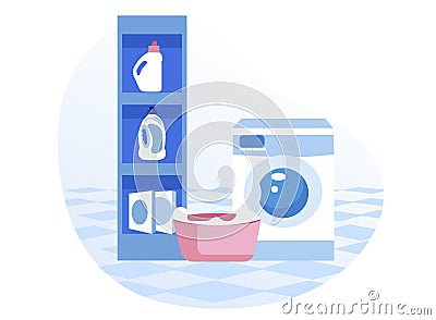 Laundry Basket and Products Near Washing Machine Stock Photo