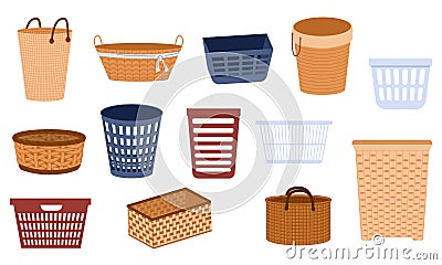 Laundry baskets. Empty jute woven plastic buckets, bin bags and woven rattan baskets for washing and cleaning. Vector Vector Illustration