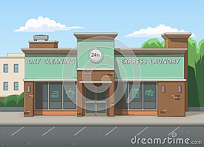 Laundry building. Brick building, exterior, architecture. Laundry shop, advertising sign, showcase. Sunny summer cityscape. Street Vector Illustration