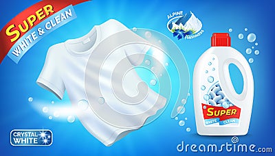 Laundry detergent ad with clean white T-shirt and liquid product package, plastic bottle with label, Alpine freshness Vector Illustration