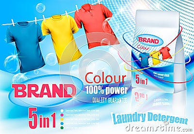 Laundry detergent ad. Colorful clothes hanging on rope Vector Illustration