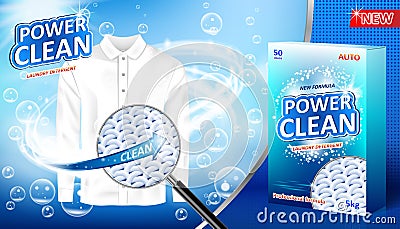 Laundry detergent ad. Stain remover package design for advertising with soap bubbles, closeup look at fiber structure Vector Illustration