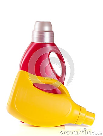Laundry detergent bottle with fabric softener isolated on white background Stock Photo