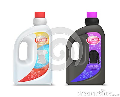 Laundry detergent bottles. Washing detergent for white and black cloth. Vector realistic wash laundry bottles Vector Illustration
