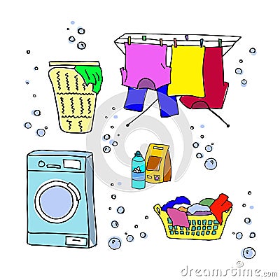 Laundry doodle set, washing clothes, washing machine, laundry detergent, laundry basket, clothes dry on ropes, dryer for Vector Illustration