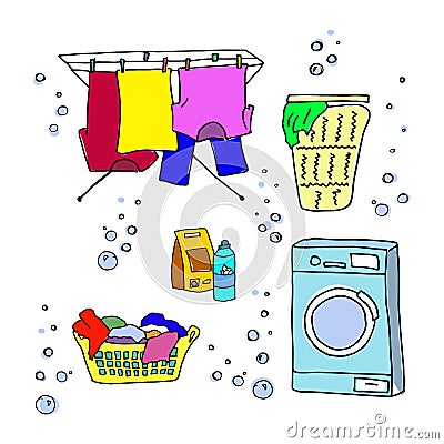 Laundry doodle set. Washing machine, washing clothes, laundry detergent, laundry basket, clothes dry on ropes, dryer for Vector Illustration