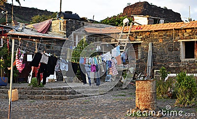 Laundry Drying, Clothes, Colorful Pins, Home, Cape Verde Stock Photo