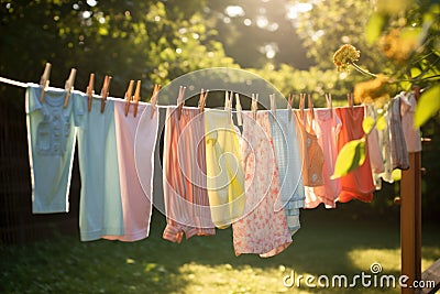 Laundry drying on a clothesline in the sun light. children's colorful clothing drying, AI Generated Stock Photo