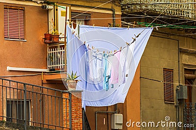 Laundry hanging to dry in the ancient hill town of Centuripe Stock Photo