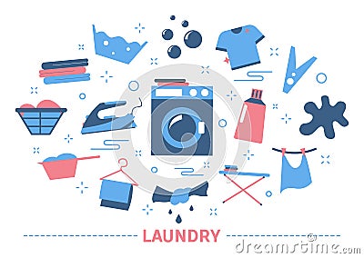 Laundry icon set. Washing machine and clean clothing. Vector Illustration