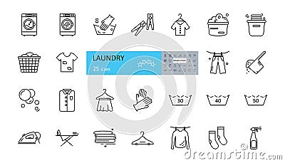 Laundry icon. Vector set of 25 icons with editable stroke. The collection includes a washing machine, gloves, clothes pegs, clean Vector Illustration