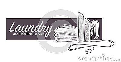 Laundry and ironing service logo, banner sketch with iron appliance and fabric Vector Illustration