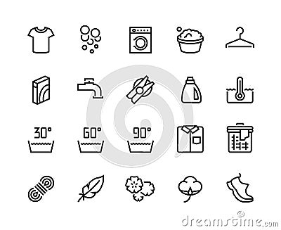 Laundry line icons. Clean and dirty t-shirt, different types of fabric and and washing types. Vector manual and machine Vector Illustration