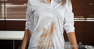 Laundry mishap Woman holds white shirt, showing accidental stain Stock Photo