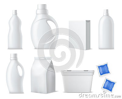 Laundry products mockup. Realistic clean white plastic bottles, containers and packs, washing powders, capsules Stock Photo