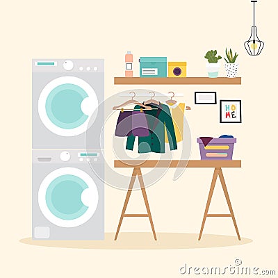 Laundry room with facilities for washing. Wash machine, flasket, washing powder, clothes Flat design elements, minimalist style. Vector Illustration