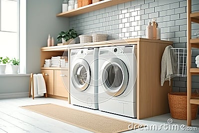 Laundry room in a house. Close up low angle shot of a washing machine and a dryer, interior. Housekeeping Stock Photo