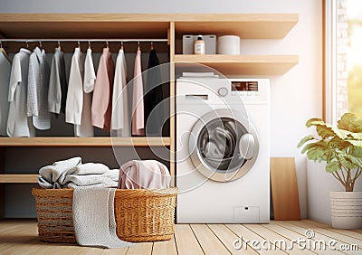 Laundry room interior with washing machine near wall, AI Generated Stock Photo