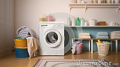 Laundry room with loaded washing machine, detergent bottles and textile. Generative AI Stock Photo
