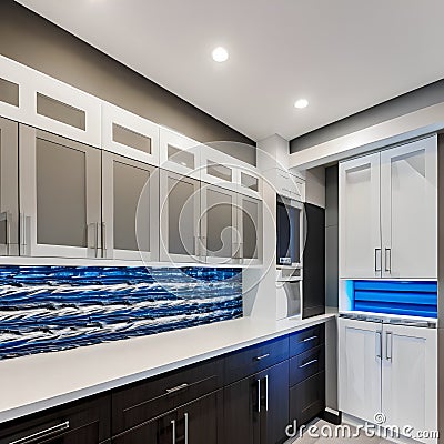 15 A laundry room with a mix of white and blue finishes, a large, graphic tile backsplash, and a mix of open and closed storage3 Stock Photo