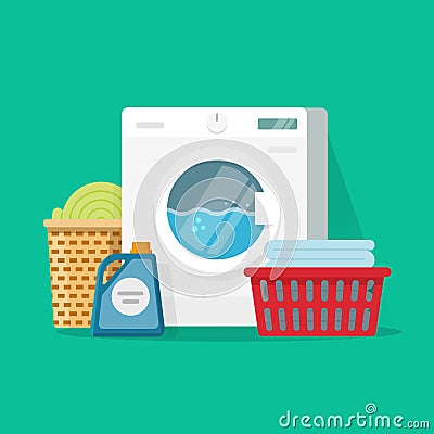 Laundry room service vector illustration, flat cartoon working washing machine with linen baskets and detergent Vector Illustration