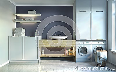 Laundry room, sink and facades Cartoon Illustration