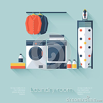 Laundry room with washing machine and dryer. Flat style with long shadows. Modern trendy design. Vector Illustration