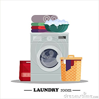 Laundry room with washing machine, powder, basket, basin, underwear isolated on white background. Household equipment Vector Illustration