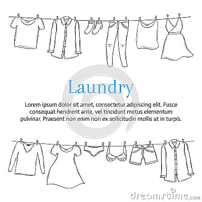 Laundry service banner template with clothes hanging on clothesline, hand drawn sketch, vector illustration. Vector Illustration