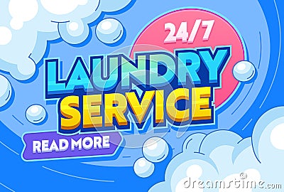 Laundry Service Dry Clothing Textiles Typography Banner. Washing Water Containing Detergents or other Chemical, Agitation, Rinsing Vector Illustration