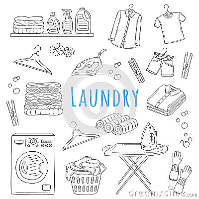 Laundry service hand drawn doodle icons set, vector illustration. Vector Illustration