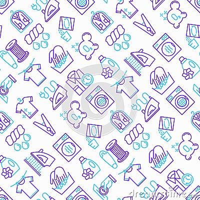 Laundry service seamless pattern with thin line icons: washing machine, spin cycle, drying machine, fabric softener, iron, Vector Illustration
