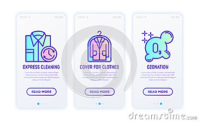 Laundry service thin line icons set: express cleaning, cover for clothes, ozonation. Modern vector illustration Vector Illustration