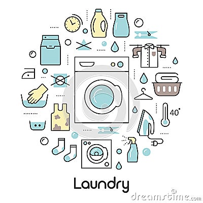 Laundry Service Thin Line Icons Set with Laundrette Vector Illustration