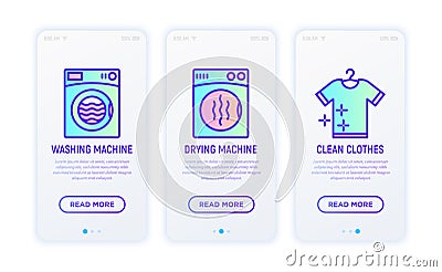 Laundry service thin line icons set: washing machine, drying machine, clean clothes. Modern vector illustration Vector Illustration