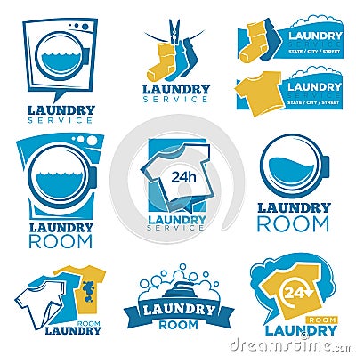 Laundry service vector template icons set of linen, washing machine and detergent Vector Illustration