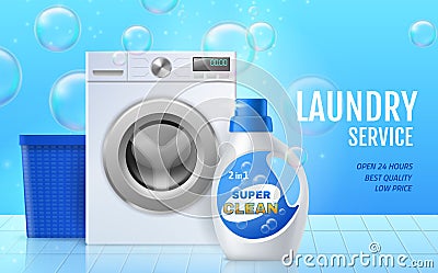 Laundry service. Washing machines equipment and preparations. Professional cleaning and caring of clothes. Soap bubbles Vector Illustration