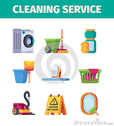 Laundry service. Washing tools cleaning items housekeeping garish vector flat collection Vector Illustration