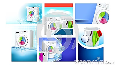 Laundry Services Advertising Posters Set Vector Illustration Stock Photo