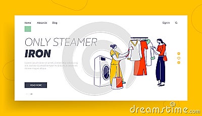 Laundry Staff Steam Garment on Hanger at Public Laundrette Landing Page Template. Female Character Use Steamer Iron Vector Illustration