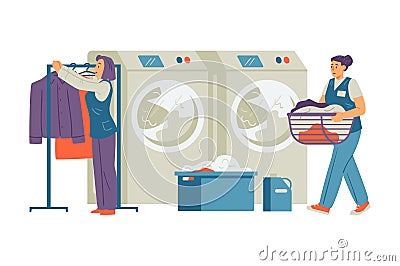 Laundry staff washing and cleaning clothes, flat vector illustration isolated. Vector Illustration